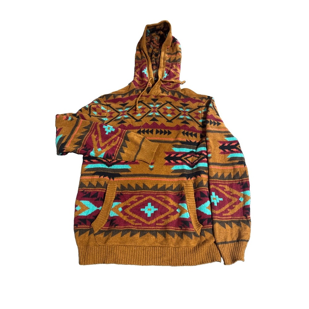 American Eagle Knit Hoodie Mens Large Rust Southwestern Aztec Pullover Excellent